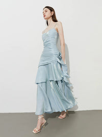 A-Line Sweetheart Neck Satin Tea Length Blue Party Dress