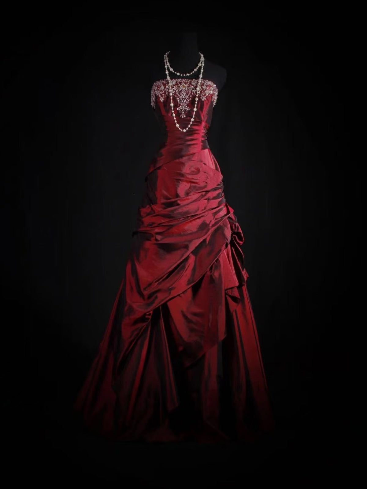 A-line Taffeta Lace Sequin Burgundy Long Prom Dress, Burgundy Long Formal Dress
