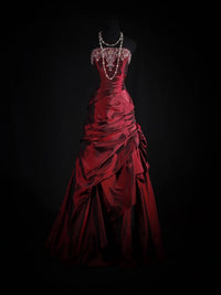 A-line Taffeta Lace Sequin Burgundy Long Prom Dress, Burgundy Long Formal Dress