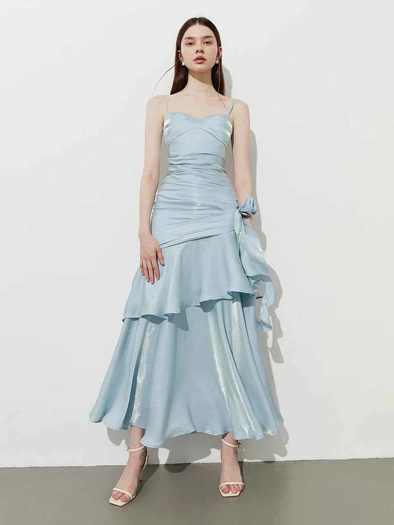 A-Line Sweetheart Neck Satin Tea Length Blue Party Dress