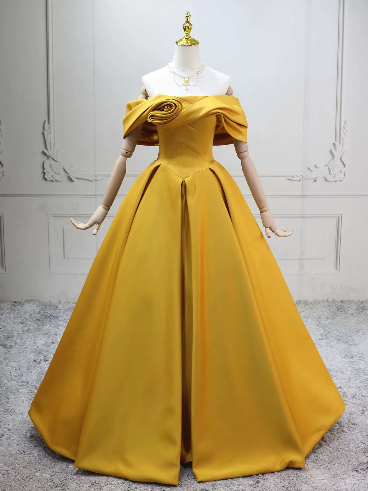 A-Line Off Shoulder Satin Yellow Long Prom Dress, Yellow Long Evening Dress