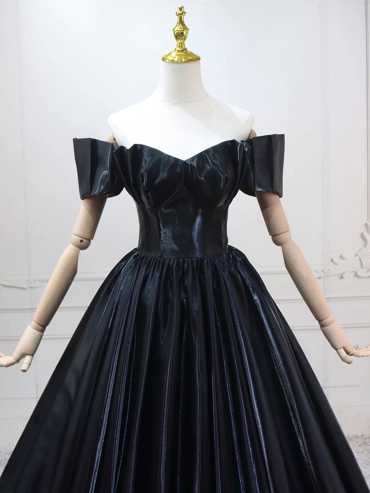 A-Line Off Shoulder Satin Black Long Prom Dress, Black Long Evening Dress