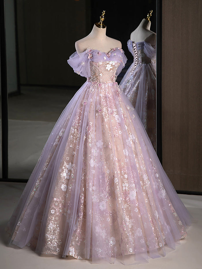 A-Line Sweetheart Neck Tulle Lace Purple Long Prom Dress, Purple Long Formal Dress