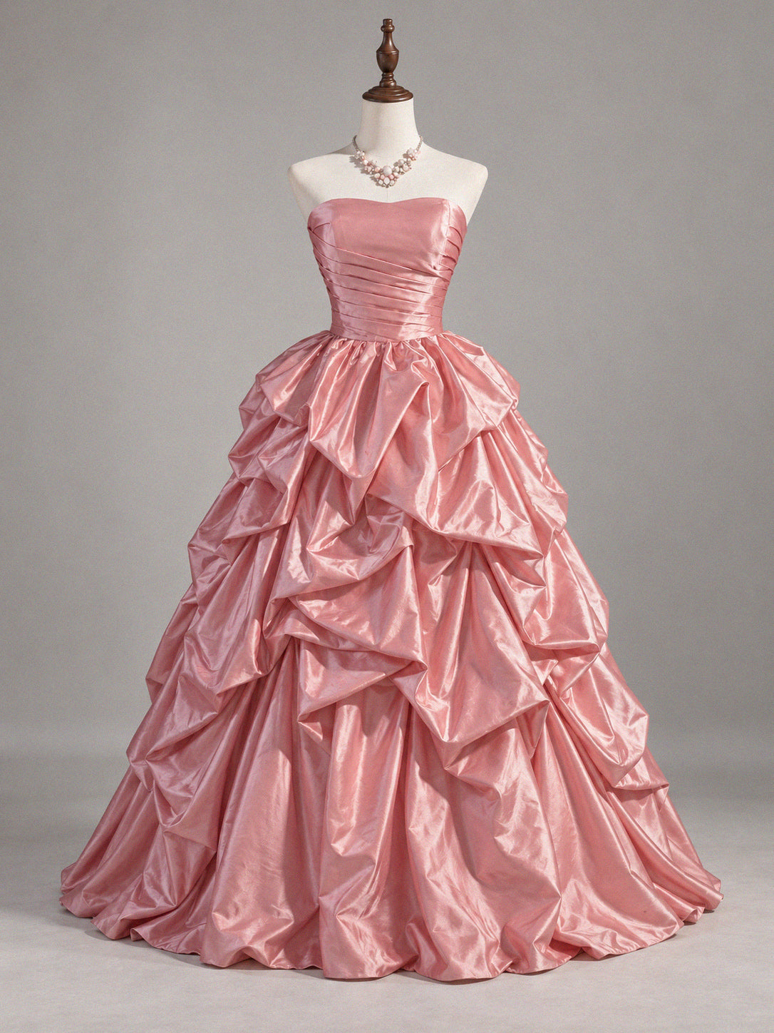 A-line Strapless Pink Taffeta Ball Gown Prom Dress with Tiered Pick-Up Skirt