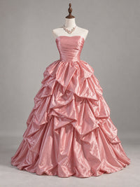 A-line Strapless Pink Taffeta Ball Gown Prom Dress with Tiered Pick-Up Skirt