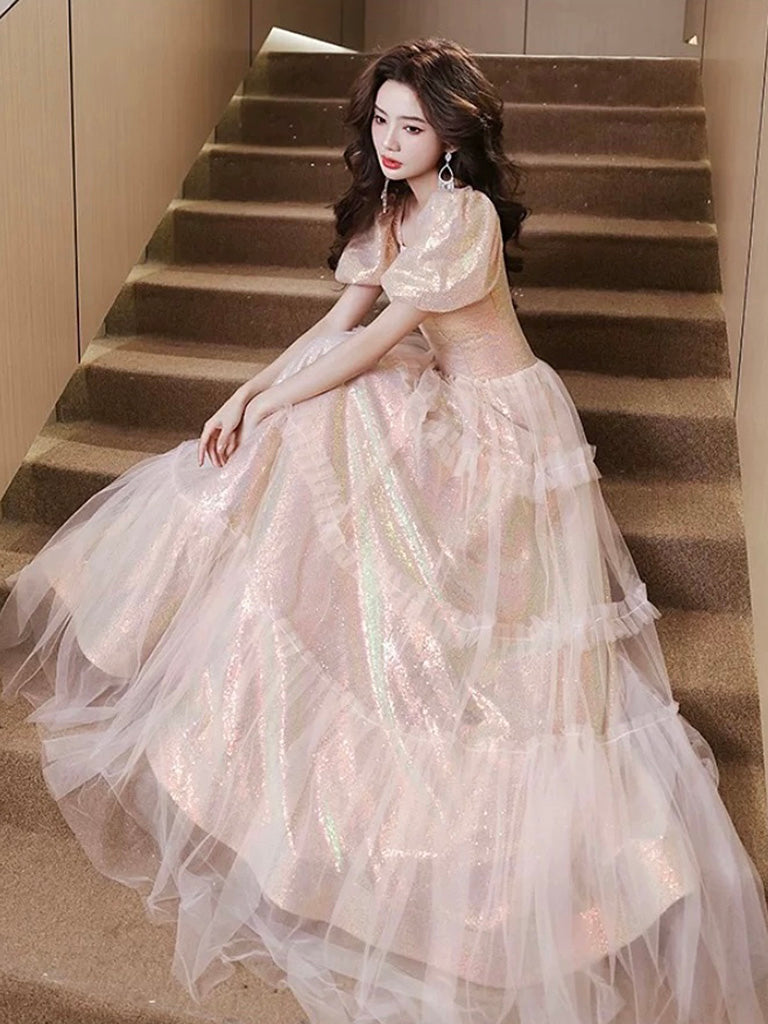 A-Line Puff Sleeves Sequin Tulle Pink Long Prom Dress, Pink Long Formal Dress