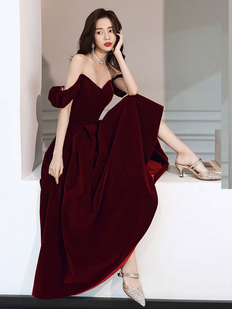 A-Line off Shoulder Velvet Tea Length Burgundy Prom Dress, Burgundy Ev – toptby