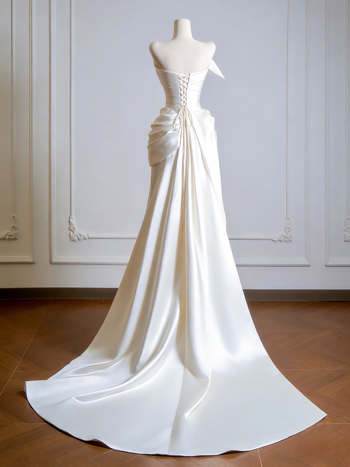 Simple A-Line Satin Sweep Train Light Champagne Prom Dress