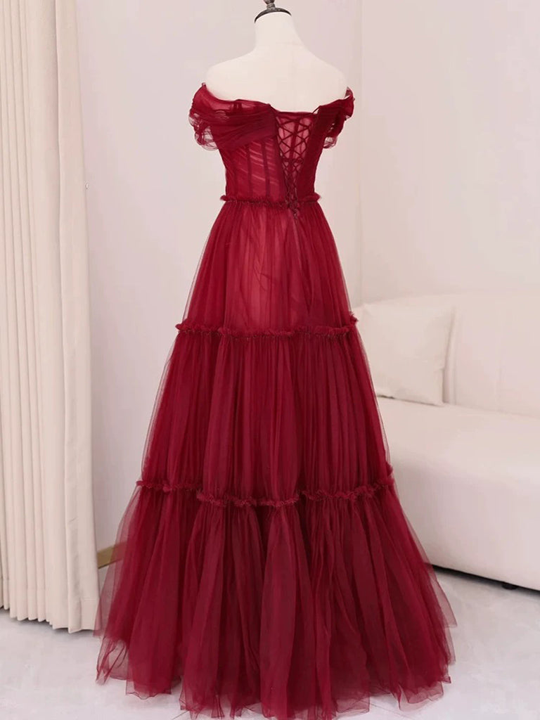 A-Line Off Shoulder Tulle Burgundy Long Prom Dress, Burgundy Long Formal Dress