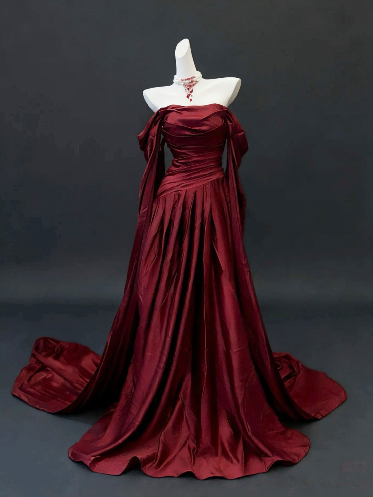 Elegant A-line Sweep Train Satin Long Burgundy Prom Dress