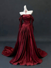 Elegant A-line Sweep Train Satin Long Burgundy Prom Dress
