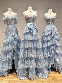 A-Line Tulle Sequin Lace Blue Long Prom Dress, Blue Long Formal Dress