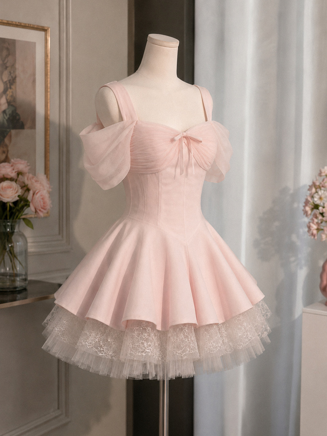 Pink Sweetheart Neck Tulle Short Prom Dress