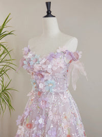 A-Line V Neck Tulle 3D Applique Pink Long Prom Dress, Pink Long Formal Dress