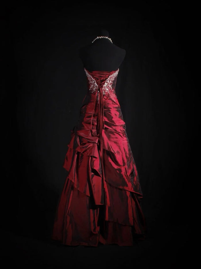 A-line Taffeta Lace Sequin Burgundy Long Prom Dress, Burgundy Long Formal Dress