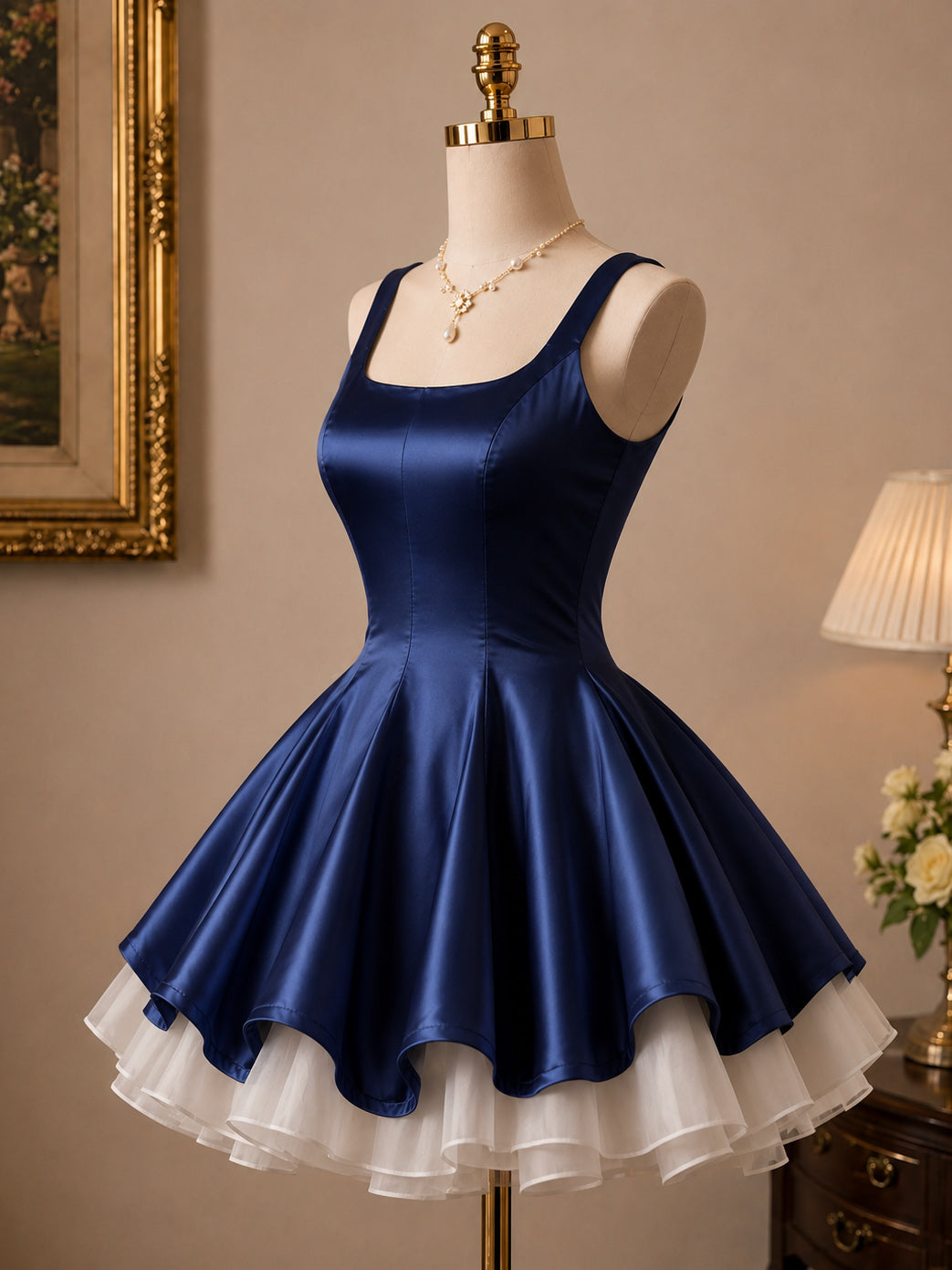 A-line Satin Tulle Dark Blue Short Prom Dress, Blue Homecoming Dress