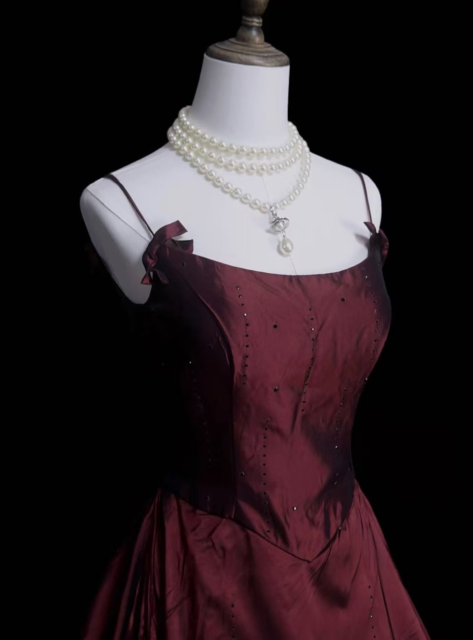 A-line Spoon Neck Satin Burgundy Long Prom Dress with Beds