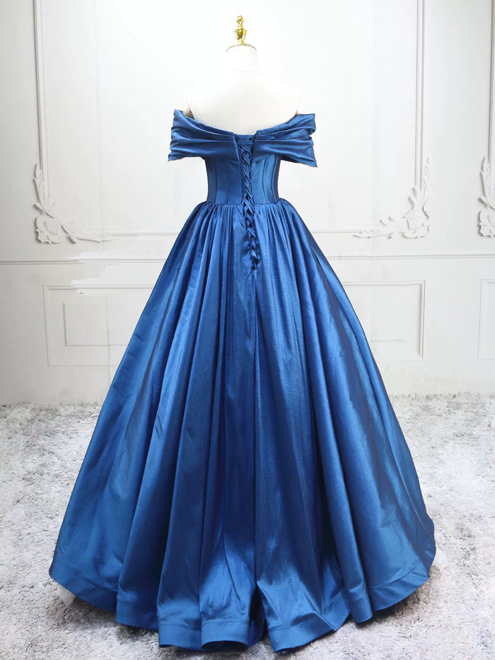 A-Line Off Shoulder Taffeta Blue Long Prom Dress, Taffeta Long Evening Dress