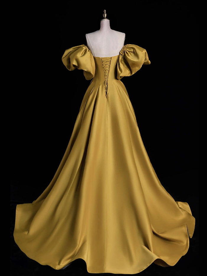 A-Line Sweetheart Neck Satin Gold Long Prom Dress, Gold Long Formal Dress