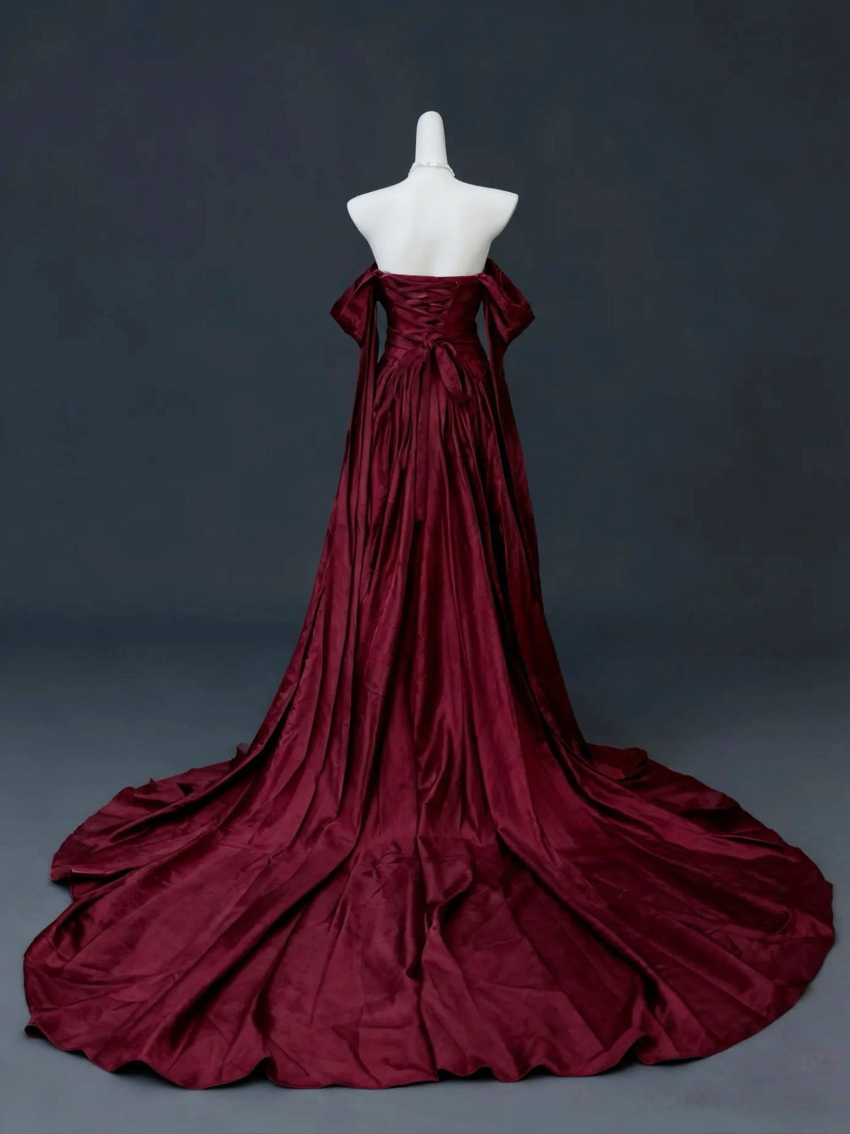 A-Line Off Shoulder Sweep Train Satin Burgundy Long Prom Dress