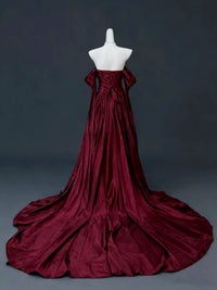 A-Line Off Shoulder Sweep Train Satin Burgundy Long Prom Dress