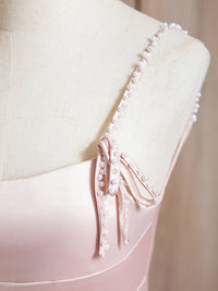 A-Line Satin Beads Pink Long Prom Dress, Pink Long Formal Dress