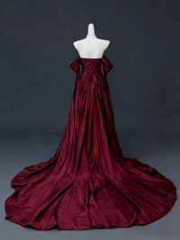 Elegant A-line Sweep Train Satin Long Burgundy Prom Dress