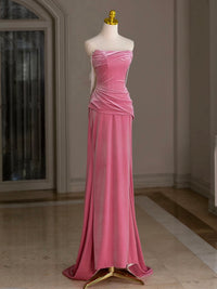 Mermaid Velvet Beads Pink Long Prom Dress, Pink Long Formal Dress