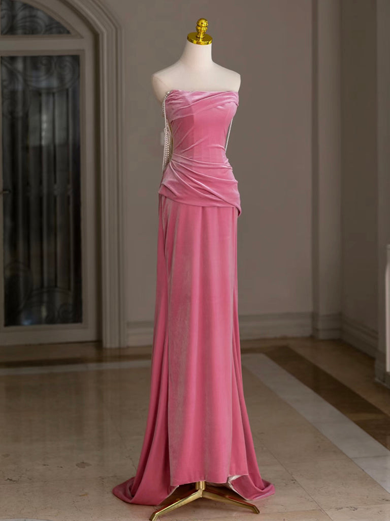 Mermaid Velvet Beads Pink Long Prom Dress, Pink Long Formal Dress