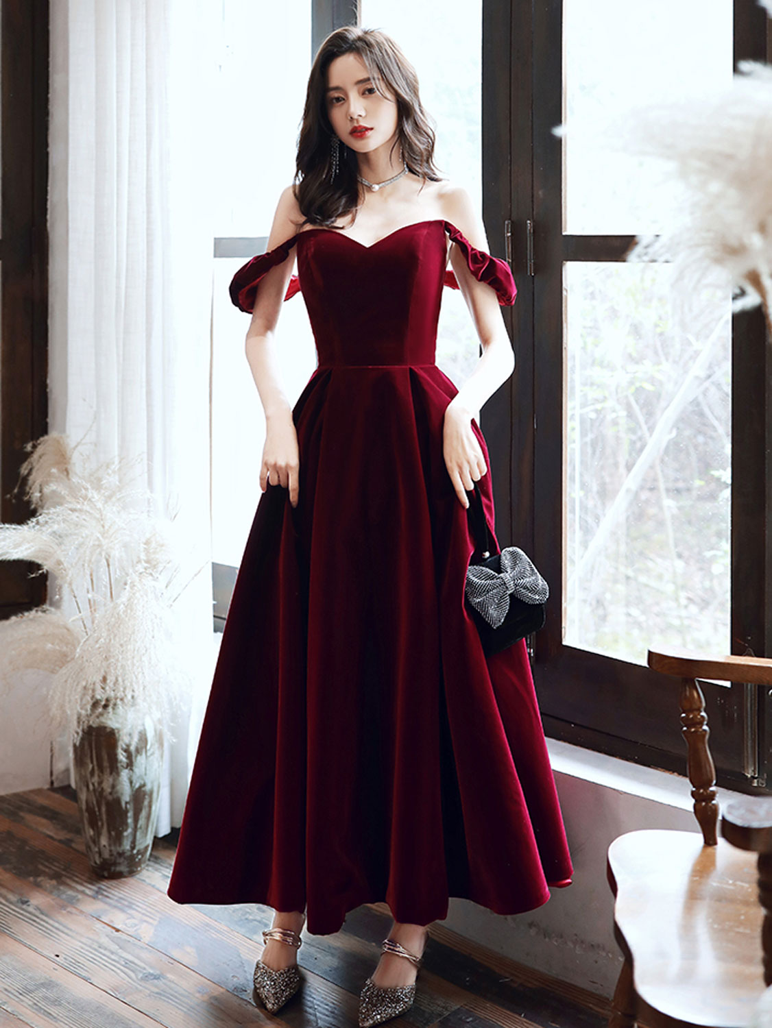 A-Line off Shoulder Velvet Tea Length Burgundy Prom Dress, Burgundy Ev – toptby