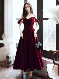 A-Line off Shoulder Velvet Tea Length Burgundy Prom Dress, Burgundy Evening Dress