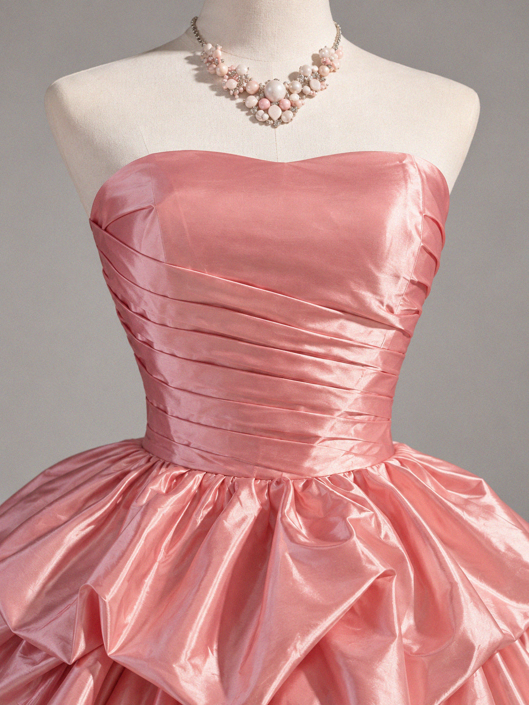 A-line Strapless Pink Taffeta Ball Gown Prom Dress with Tiered Pick-Up Skirt