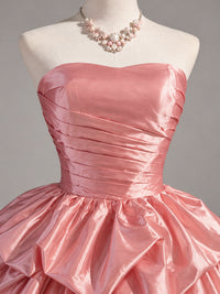 A-line Strapless Pink Taffeta Ball Gown Prom Dress with Tiered Pick-Up Skirt
