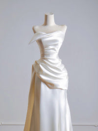 Simple A-Line Satin Sweep Train Light Champagne Prom Dress