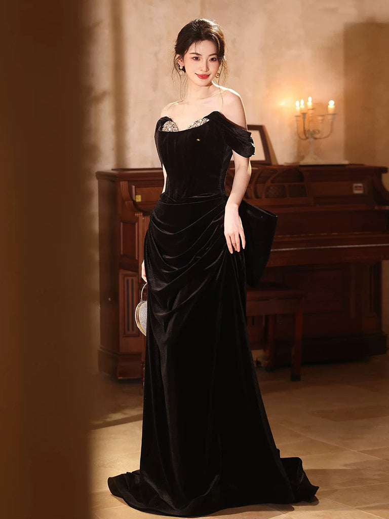 A-Line Off Shoulder Velvet Black Long Prom Dress, Black Evening Dress