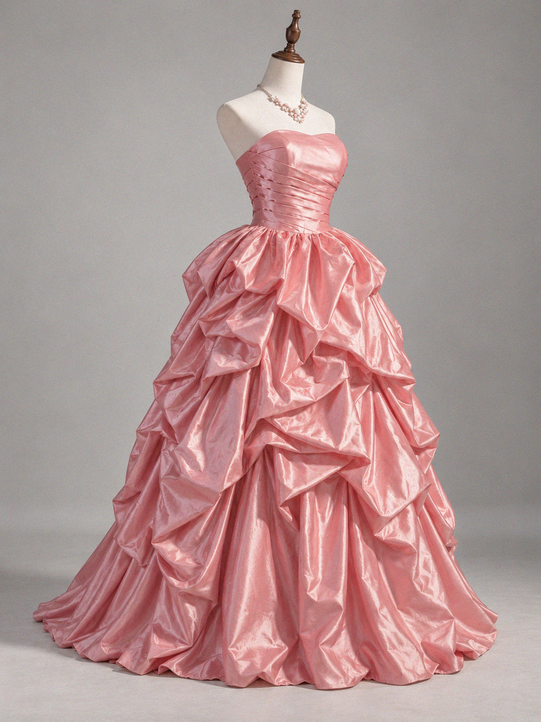 A-line Strapless Pink Taffeta Ball Gown Prom Dress with Tiered Pick-Up Skirt