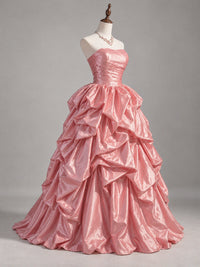 A-line Strapless Pink Taffeta Ball Gown Prom Dress with Tiered Pick-Up Skirt