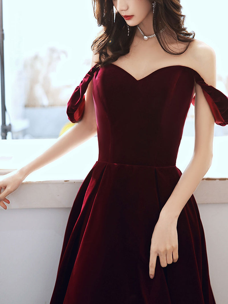 A-Line off Shoulder Velvet Tea Length Burgundy Prom Dress, Burgundy Ev toptby A-Line off Shoulder Velvet Tea Length Burgundy Prom Dress, Burgundy Ev toptby