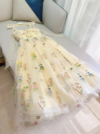 A-Line  Sweetheart Neck Tulle Lace Yellow Long Prom Dress, Yellow Formal Dress