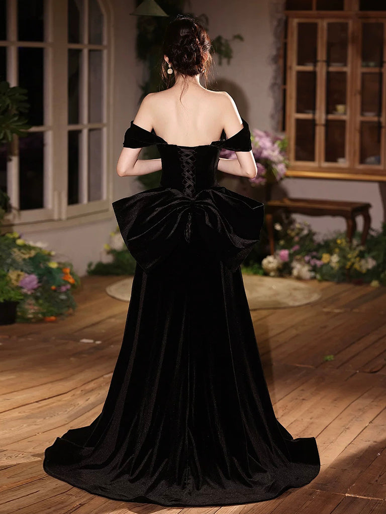 A-Line Off Shoulder Velvet Black Long Prom Dress, Black Evening Dress