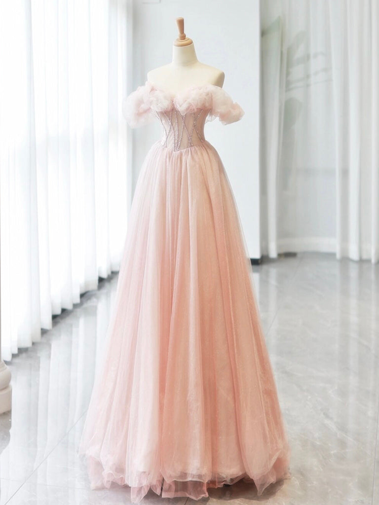 A-Line Off Shoulder Tulle Beads Pink Long Prom Dress, Pink Tulle Long Formal Dress