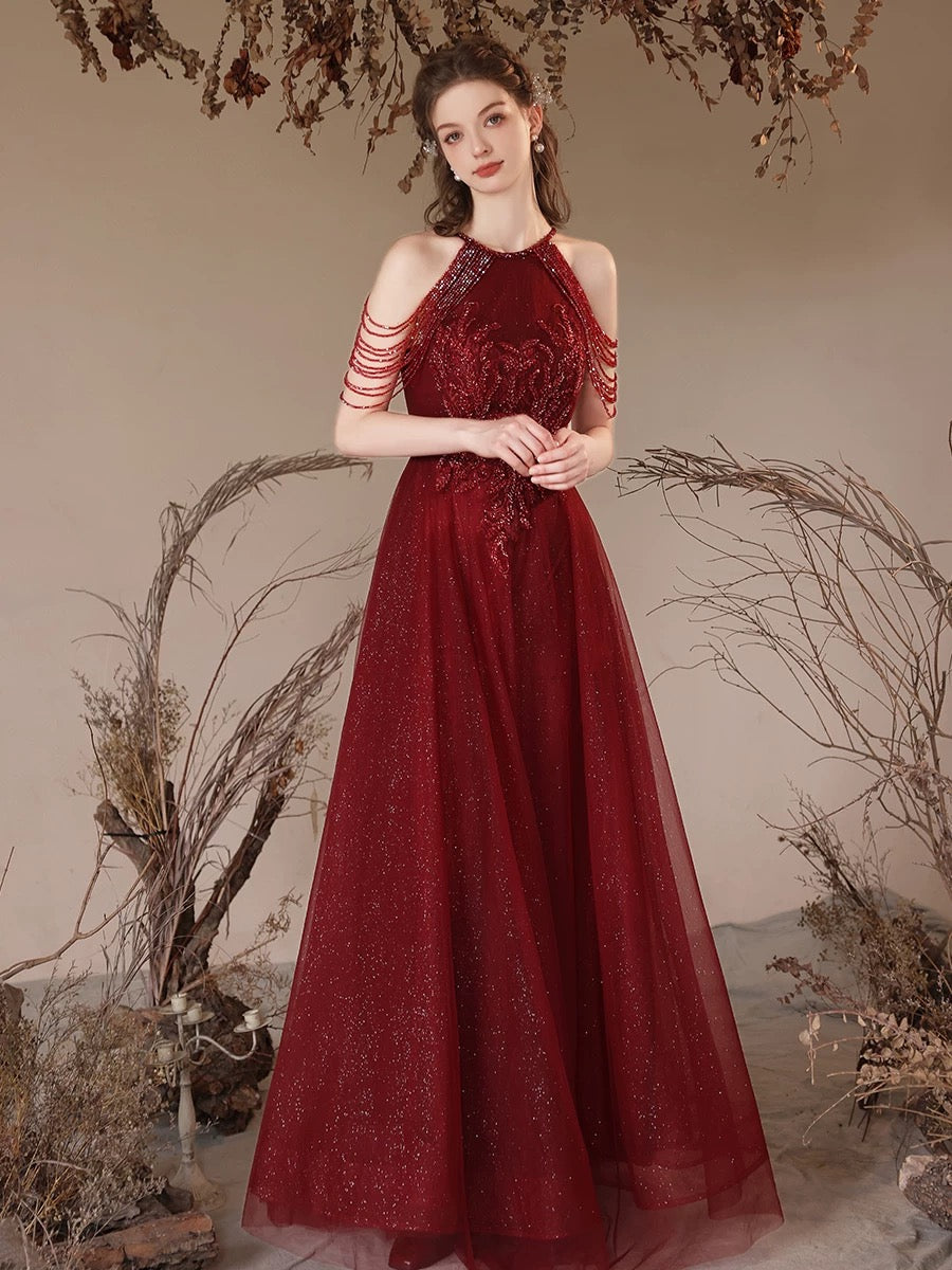 A-Line Tulle Sequin Beads Burgundy Long Prom Dress, Burgundy Long Evening Dress