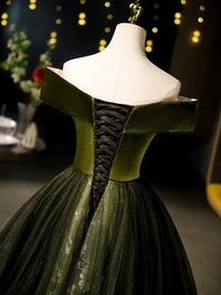 A-Line Off Shoulder Velvet Tulle Green Long Prom Dress, Green Long Formal Dress
