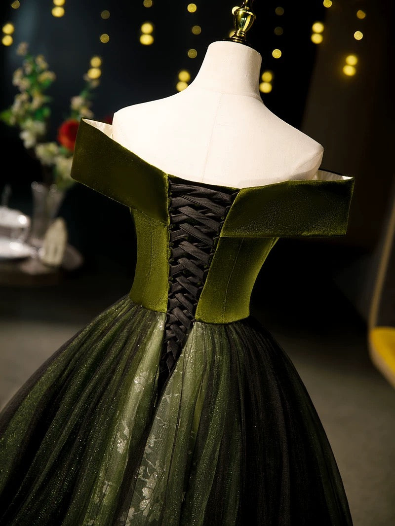 A-Line Off Shoulder Velvet Tulle Green Long Prom Dress, Green Long Formal Dress