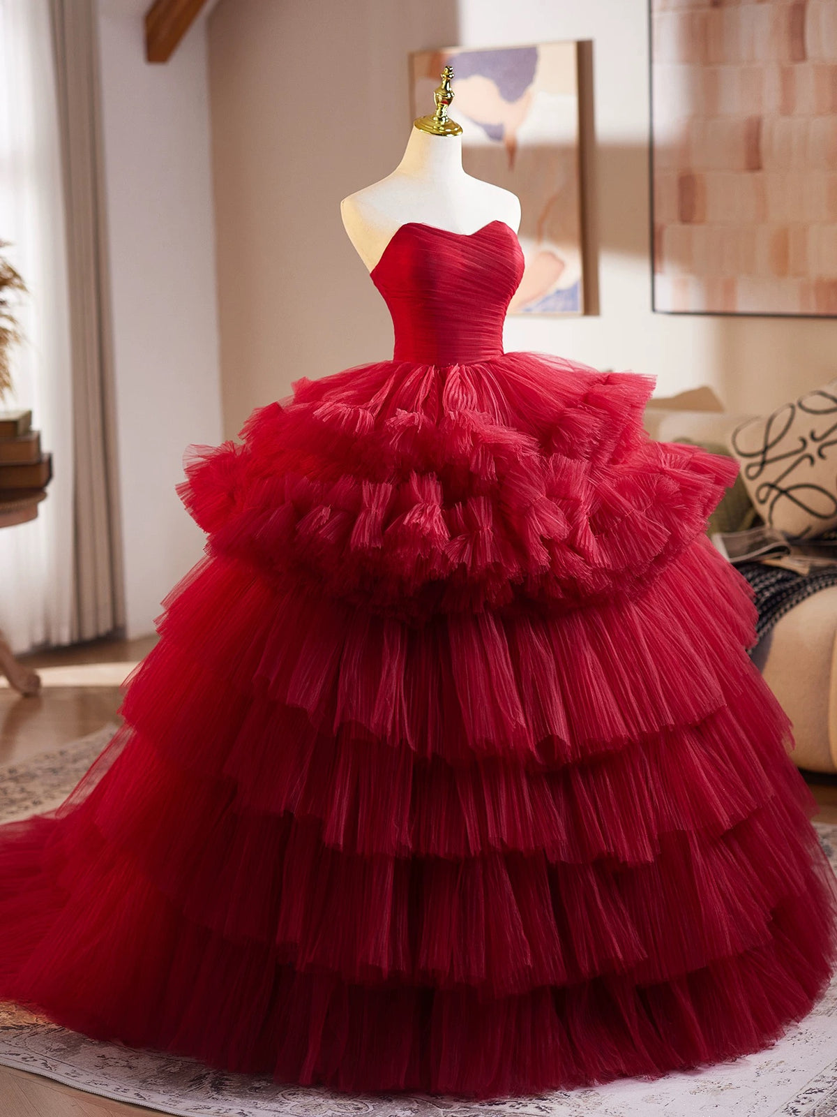 Burgundy Tulle Sweetheart Neck Long Prom Dress, Burgundy Long Evening Dress