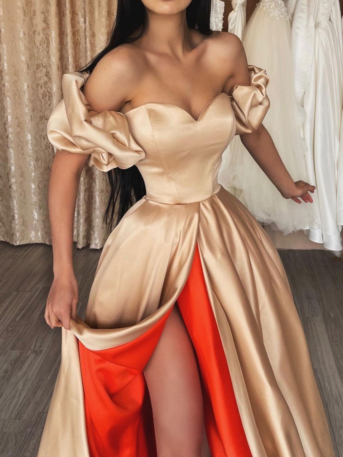 A-Line Satin Champagne/Orange Long Prom Dress, Champagne Long Evening Dress