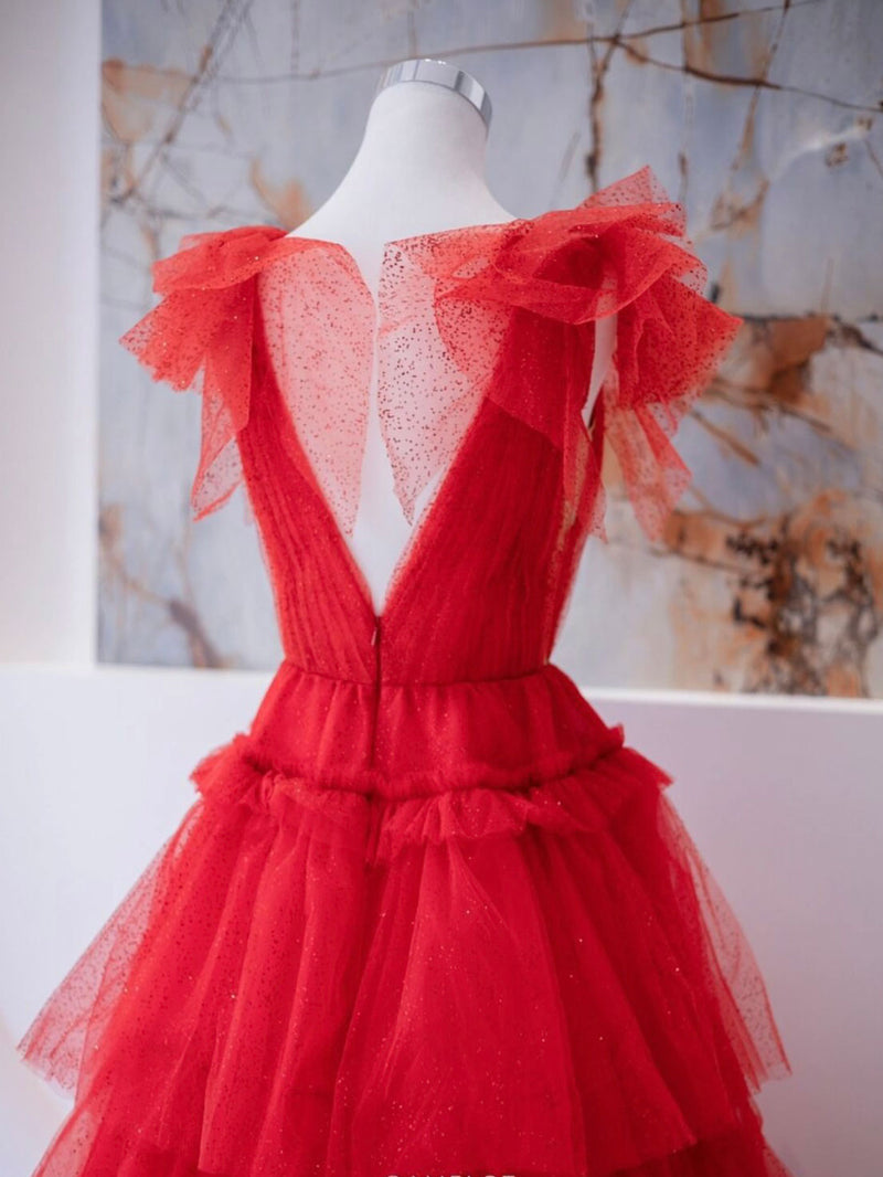 A-Line V Neck Tulle Red Long Prom Dress, Red Formal Evening Dress