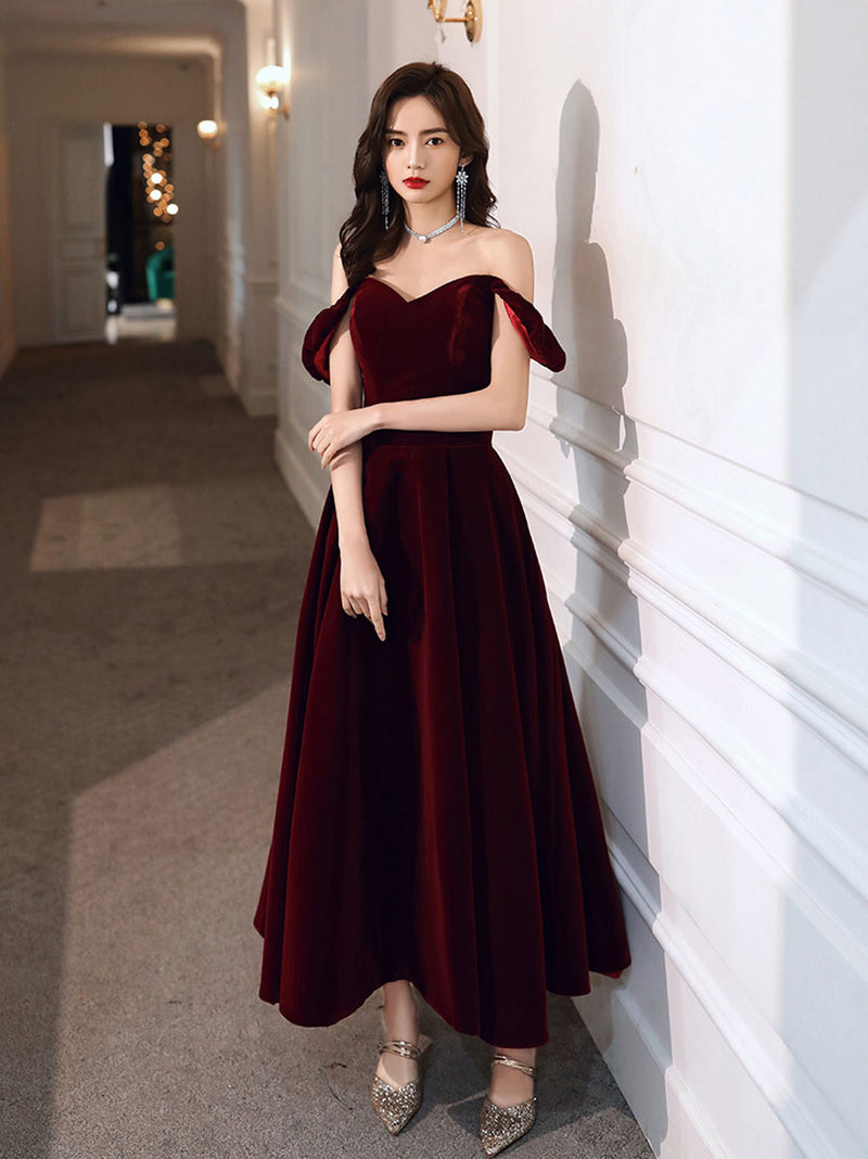 A-Line off Shoulder Velvet Tea Length Burgundy Prom Dress, Burgundy Evening Dress