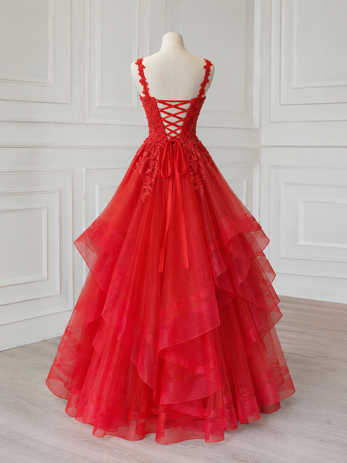 Unique V Neck Tulle Red Long Prom Dress with Lace Sequin