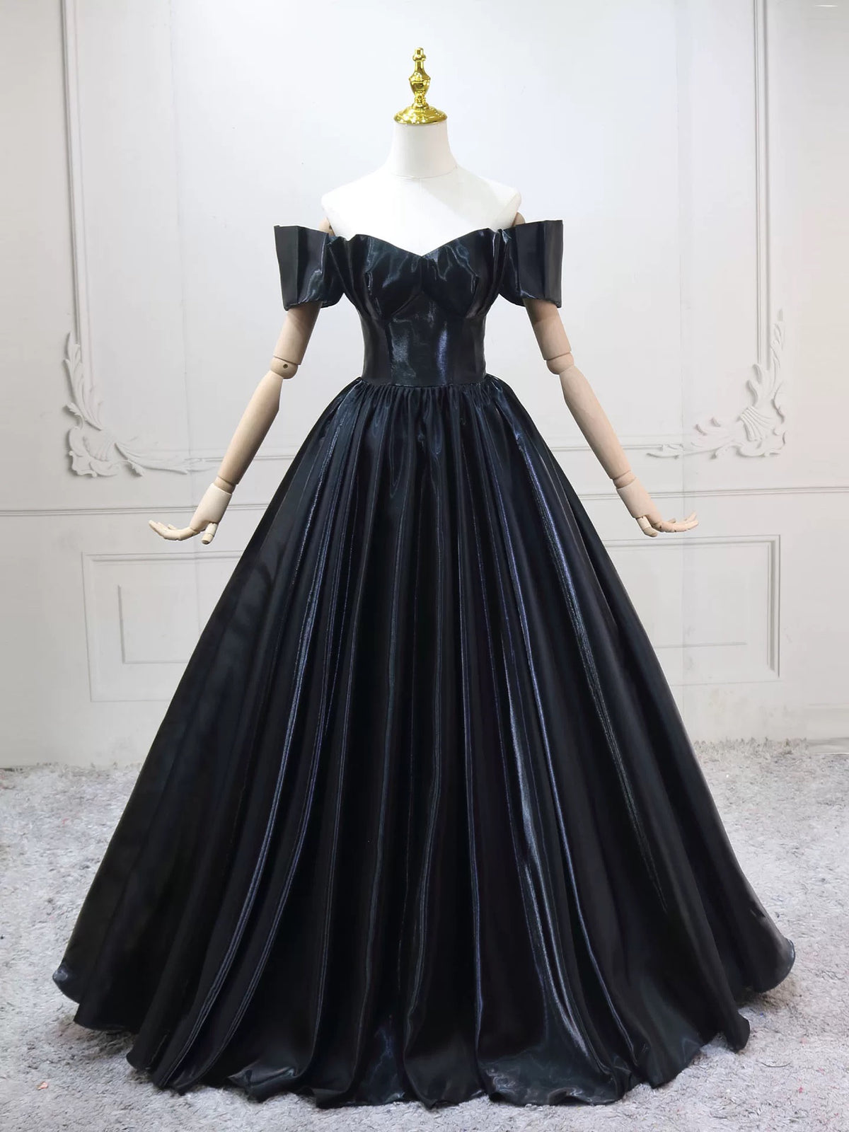 A-Line Off Shoulder Satin Black Long Prom Dress, Black Long Evening Dress